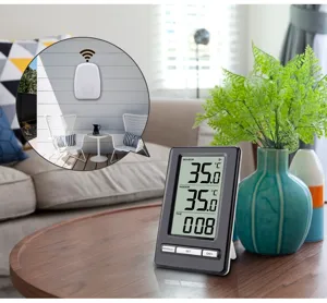 Wireless indoor outdoor thermometer sensor detail shot on wooden table with green plant decor