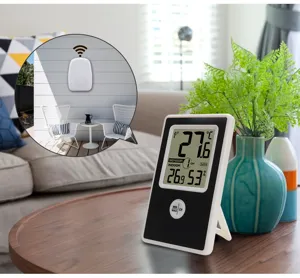 Wireless digital indoor outdoor thermometer hygrometer with wireless sensor and clear display.