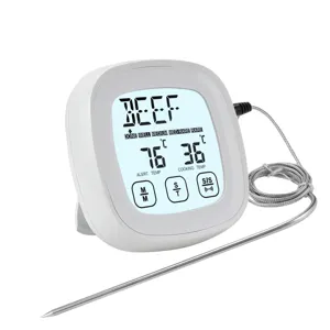 Digital kitchen food thermometer with stainless steel probe for meat cooking and BBQ use.