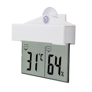 Suction digital thermometer and hygrometer for home use, white house shape, clear LCD.