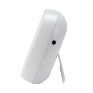 White digital kitchen timer and food thermometer side view with adjustable stand probe port