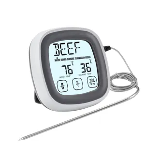 Digital food thermometer with stainless steel probe and touch screen for kitchen cooking BBQ.