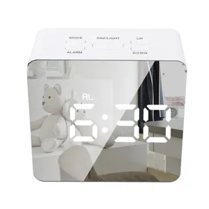 White LED digital mirror alarm clock with snooze function and clear top control buttons.