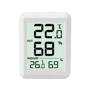 Digital indoor outdoor thermometer hygrometer with clear LCD display for home use.