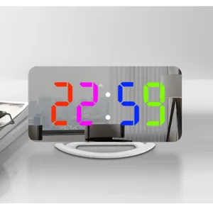 Modern LED digital mirror alarm clock with colorful RGB display and dual USB ports.