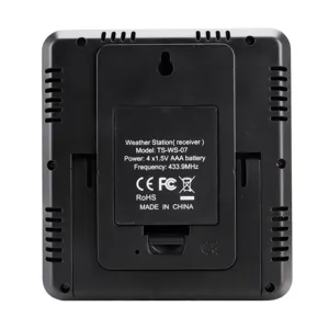 Wireless weather station indoor outdoor thermometer receiver back view black plastic housing.