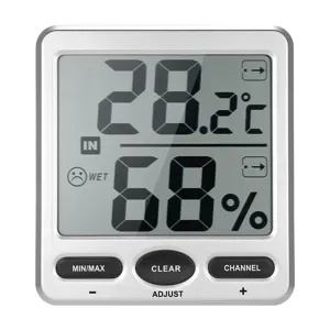 Wireless indoor outdoor digital thermo hygrometer with large LCD screen and multi channel.