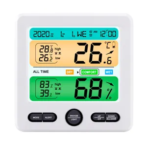 Multi-functional digital thermo-hygrometer with large LCD screen and clock display.