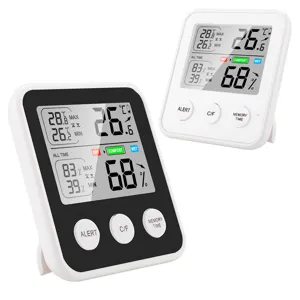 Digital indoor thermo-hygrometer temperature humidity monitor with LCD screen and stand.