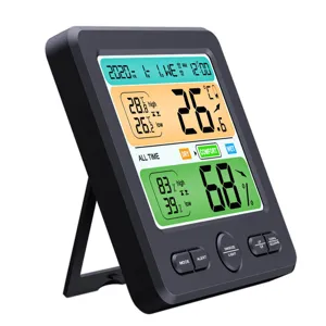 Digital thermometer hygrometer indoor room temperature humidity monitor clock with LCD screen.