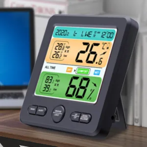 Digital thermo hygrometer indoor desk clock with large LCD screen temperature humidity monitor