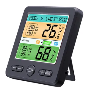 Digital thermo hygrometer alarm clock with colorful LCD display and temperature humidity monitor.