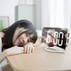 LED digital mirror alarm clock with dual USB ports, large screen desktop electronic desk clock.