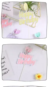 Close-up detail of cute pastel cake toppers featuring glittery rabbit ears and birthday text.