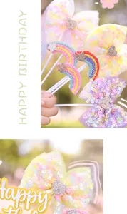 Primo piano di fiocchi di paillettes e decorazioni arcobaleno per torte di compleanno.
