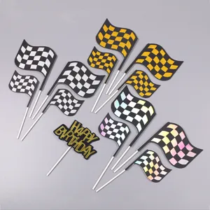 Decorazione per Torta Scacchiera da Corsa Oro Nero Argento Olografico Bandiera Gingham Happy Birthday per Festa di Compleanno Bambino