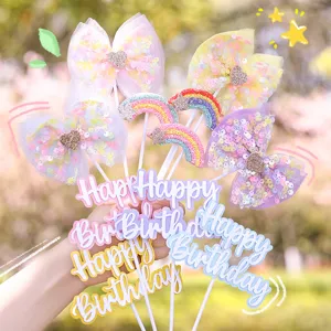 Stile Ins Fiocco con Paillettes Arcobaleno Happy Birthday Decorazione per Torta in Rete Glitter Stella Cuore per Festa di Compleanno