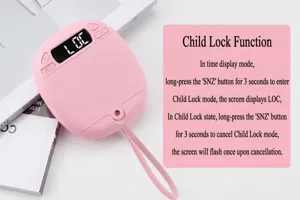 Portable digital alarm clock with compact pink design, lanyard and clear screen display.