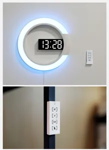 Modern circular LED wall clock with minimalist hollow design and digital display with remote control