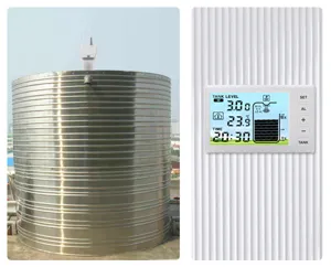 Ultrasonic water level meter detail view showing digital display screen and sensor tank monitor.