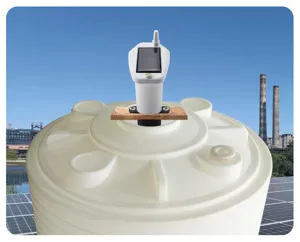 Ultrasonic liquid level meter sensor detail installed on water tank with solar panel.