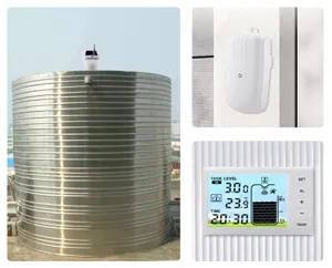Solar ultrasonic liquid level meter water tank monitor detail showing display screen and sensor unit.