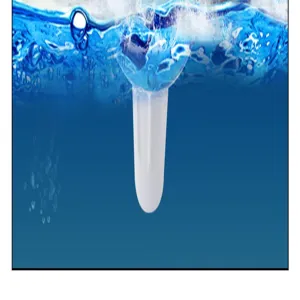 Detail view of electronic pool thermometer probe submerged in clear blue water with bubbles.