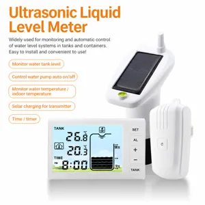Wireless ultrasonic water tank level meter with solar transmitter and digital display receiver.
