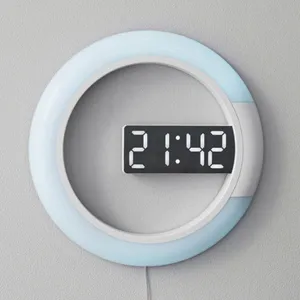 Modern LED Mirror Wall Clock Multifunctional Digital Electronic Clock Hollow Ring Night Light Home Decor