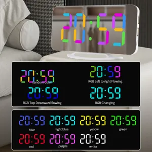LED large screen RGB mirror alarm clock with colorful digital display and dual USB ports.