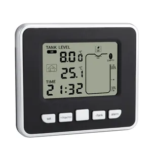 Ultrasonic digital liquid level meter water tank monitor with LCD display and control buttons.