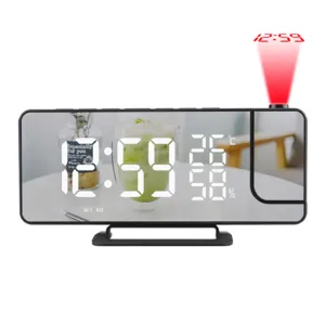 Réveil à Projection Numérique LED Surface Miroir Horloge de Bureau Électronique Avec Température Humidité Radio FM Chargeur USB
