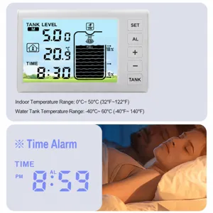 Digital ultrasonic liquid level meter water tank monitor with indoor temperature and alarm clock.