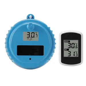 Solar floating pool thermometer with wireless receiver for spa, hot tub, and baby pool monitoring.