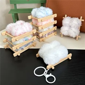 Cute plush food-shaped keychain bag charm fermented bean curd design white fluffy accessory.