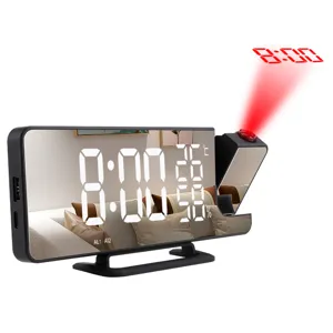 Réveil projecteur LED miroir avec affichage numérique, température, humidité et port USB.