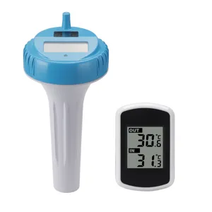 Floating pool thermometer with wireless digital display receiver for swimming spa and hot tub use.