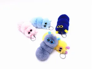 Group of colorful fuzzy caterpillar plush keychains in various candy colors for bags