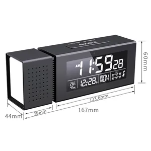 Multi-function digital alarm clock with radio night light, LED display and clear size design.