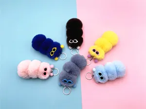 Detailed view of six colorful plush caterpillar keychains in assorted candy colors