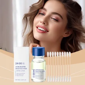 Acne buster salicylic acid drying lotion detail featuring product bottle, box and cotton swabs.