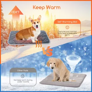Detail shot of pet self-warming mat in snowy scene, keeping dogs warm during cold winter days.