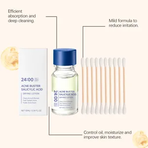 Salicylic acid acne drying lotion detail showing product bottle, packaging box and formula benefits.