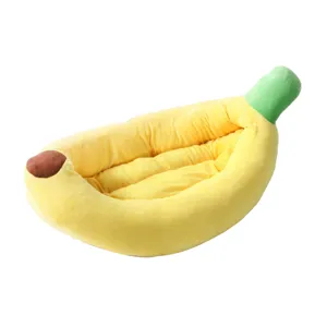 Cute banana shaped plush pet bed, soft and warm sleeping cushion for cats and dogs, cozy.