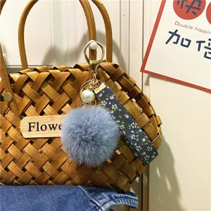Close-up of a blue faux fur pom-pom and floral ribbon keychain hanging on a woven bag