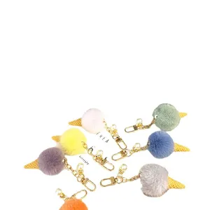 Cute plush ice cream cone keychain with pearl accent for bags and car keys accessories