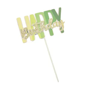 Decorazione torta Happy Birthday verde sfumato con elegante scritta in glitter dorati