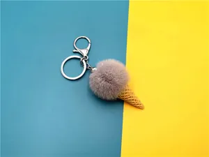 Detailed view showing the soft grey plush texture of this cute ice cream cone keychain