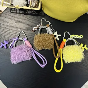 Cute Plush Mini Bag Keychain With Heart Metal Hook Woven Phone Lanyard Fashion Girl Bag Accessory Gift For Women