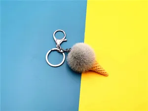 Close-up of a cute plush ice cream cone keychain with grey fur and yellow cone